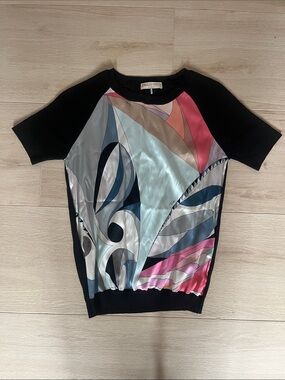 Emilio Pucci Black Short-Sleeve Top with Multi-Color Abstract Silk Front